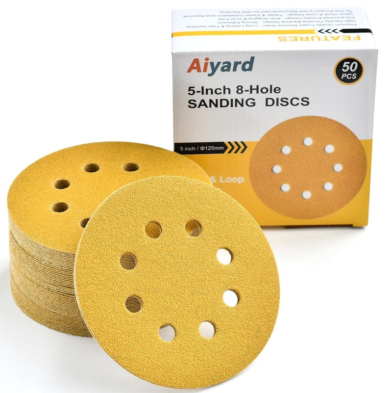 Aiyard 5-Inch 8-Hole Hook and Loop Sanding Discs 80-Grit Random Orbit Sandpaper, 50-Pack - Image 1